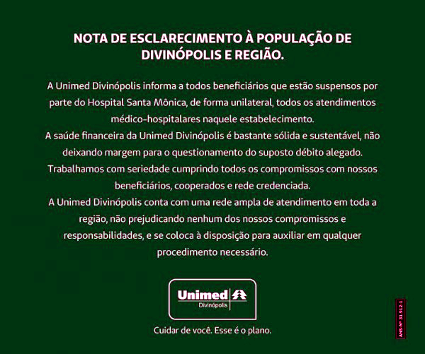 Presidente da Unimed Divinópolis desmente proprietário do Santa Mônica que plano de saúde tenha qualquer débito com o hospital comunicado unimed